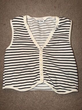 iris Black and White Striped Knit Crop Button Vest